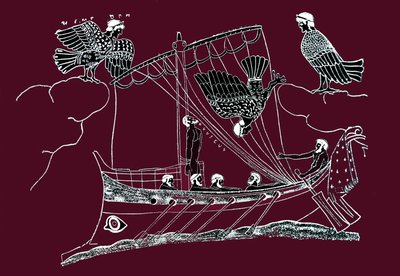 Odysseus och sjöjungfrurna försöker locka till sig sjömännens fartyg. Odysseus fäster sig vid sin båts matta och munhugger sina kamraters öron. Teckning från en målning på vas. av Artist Unknown