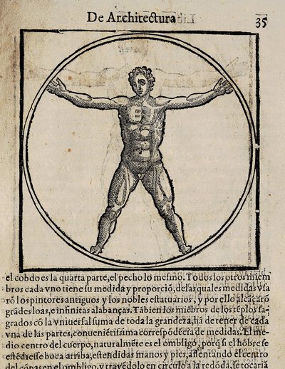 VITRUVIUS, Marcus Vitrubius Pollio (1:a århundradet f.Kr.). "De Architectura" (Om arkitektur), med översättning till spanska av Miguel de Urrea. Redigerad i Alcala de Henares av Juan Gracian (1582). Illustration på sidan 35 med människokroppens kanon. Xylo av Artist Unknown