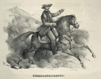 ZUMALACARREGUI, Tomas (1788-1835). Carlistgeneral. Spanien. Första carlistkriget. Zumalacarregui rider på en häst. Gravyr. av Artist Unknown
