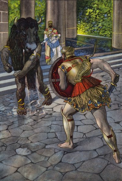 Herakles konfronterar Minotauren (färg litho) av Artus Scheiner