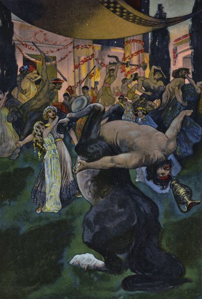 Satyrer som stör Orpheus och Eurydikes bröllopsfest, scen från Orpheus in the Underworld (färg litho) av Artus Scheiner