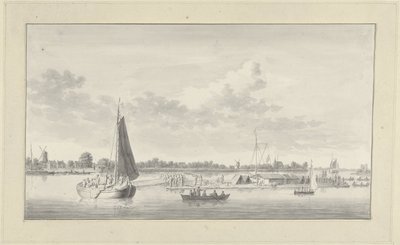 Stor flotte och olika fartyg på Merwede vid huset de Merwe nära Dordrecht av Ary van Wanum