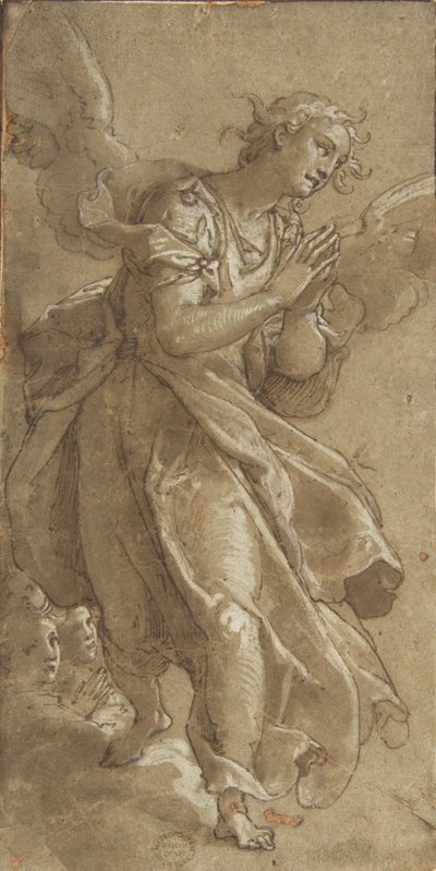 En stående ängel och två keruber, ca. 1566. av Ascribed to Federico Zuccaro.