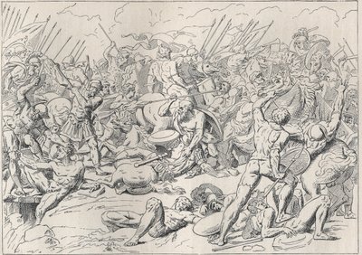 Peloponnesiska kriget: Slaget vid Potidee (La battaglia di Potidea) där den grekiske filosofen Sokrates räddade hans liv i Alcibiade. (Engraving d