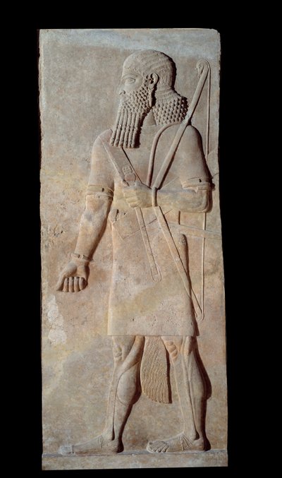 Konst Mesopotamien (Assyrien): Krigare i vapen från hovet i Assyriens kung Sargon II:s palats (721-705 f.Kr.). Paris, Musee Du Louvre av Assyrian