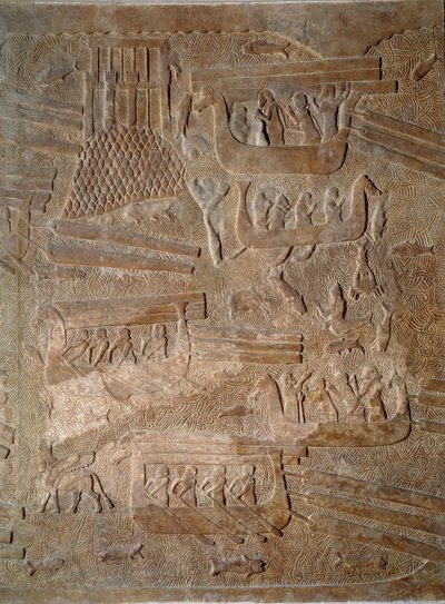 Art Mesopotamia (Assyrien): innergård till palatset till kungen av Assyrien Sargon II (721 - 705 f.Kr.) transport av cederträ från Libanon. Paris, Louvren av Assyrian