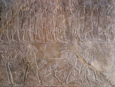 Orientalisk antikvitet: detalj av en basrelief i kalksten: musikerna från Assurbanipals eller Ashurbanipals rustning, kungen av Assyrien (Mesopotamien) (669 f.Kr.-627 f.Kr.). 640 f.Kr. Från Nineve. Paris, Louvren av Assyrian