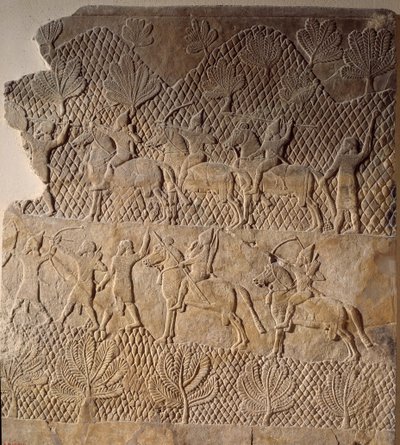 Orientalisk konst från antiken: stridsscen. Låg relief av Assurbanipalpalatset, Assyrien (600-talet f.Kr.). Paris, Louvren av Assyrian