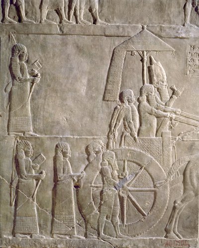 Relief som föreställer kung Assurbanipals vagn och elamitiska fångar, episoder från Elam-kampanjen, från Assurbanipals palats i Nineveh, ca 645 f.Kr. av Assyrian