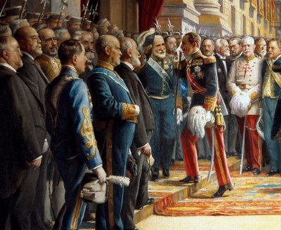 Öppnandet av Cortes i senaten, detalj Alfonso XIII av Spanien (1886-1941) hälsar Antonio Maura y Montaner (1853-1925) när han går in i senaten, 24 juni 1920 av Asterio Mañanós Martínez