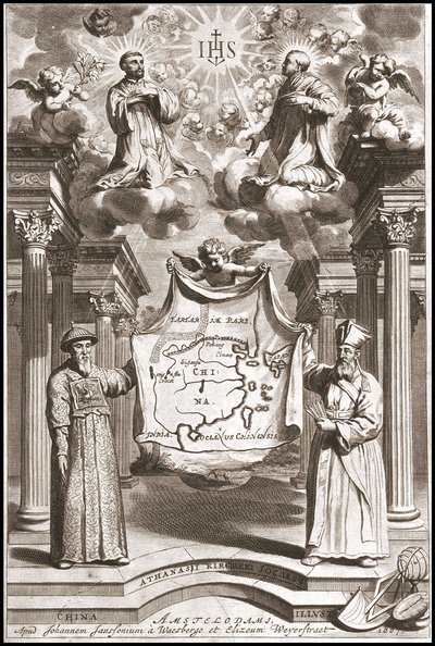 Adam Schall (vänster) och Matteo Ricci (höger) i kinesisk mandarin-dräkt, framsidan av "Kina" av Athanase Kircher (eller Athanasius Kircheri) av Athanasius Kircher