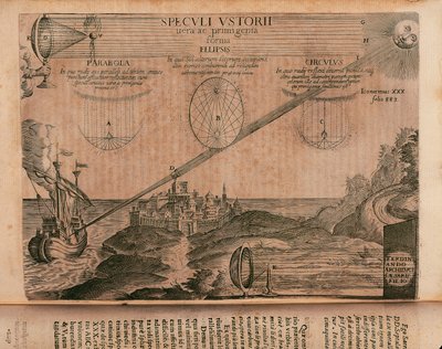 Brinnande speglar av Archimedes, gravyr från Ars magna lucis et umbrae (stor konst av ljus och skugga), av Athanasius Kircher (1602-1680), Rom av Athanasius Kircher