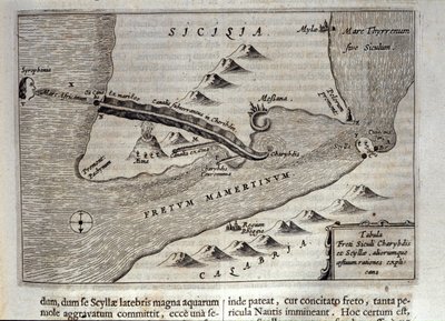 Kartografisk representation av Charybde"" och "Scylla"" i Detroit of Messina, Sicilien""" Gravyr från "Mundus Subterraneus"" av Athanasius Kircher (1601-1680), jesvit, orientalist och forskare 1682 av Athanasius Kircher