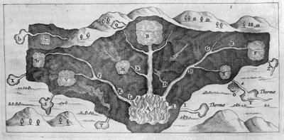 Tvärsnitt av jordskorpan gör det möjligt för Athanasius Kircher att demonstrera ursprunget till de termiska källorna av Athanasius Kircher