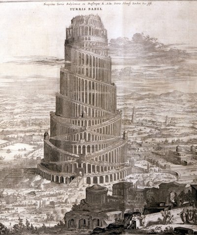 Babels torn. Rekonstruktion av Athanasiuskyrkan i hans verk "Turris Babel" om denna tornbyggnad och historien om den tidiga mänskligheten. av Athanasius Kircher
