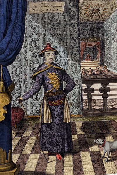 Den kinesiske kejsaren och tatarernas högsta härskare - kinesisk kejsare Kangxi (1652-1722) Qing-dynastin, gravyr av Athanasius Kircher (1601-1680) från "" China Monumentis, qua sacris qua profanis""" 1667 - kinesiska kejsaren (1652xi) -1722) Qingdynastin, av Athanasius Kircher