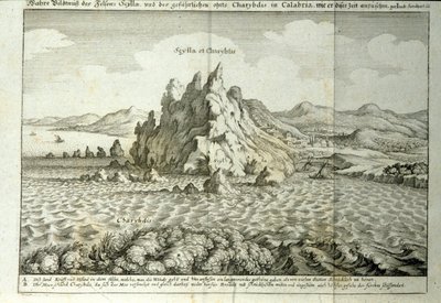 Utsikt över klipporna "" Charybde"" och "" Scylla"" i Detroit of Messina, Sicilien""" Gravyr från "" Mundus Subterraneus"" av Athanasius Kircher (1601-1680), jesvit, orientalist och lärd 1682 av Athanasius Kircher