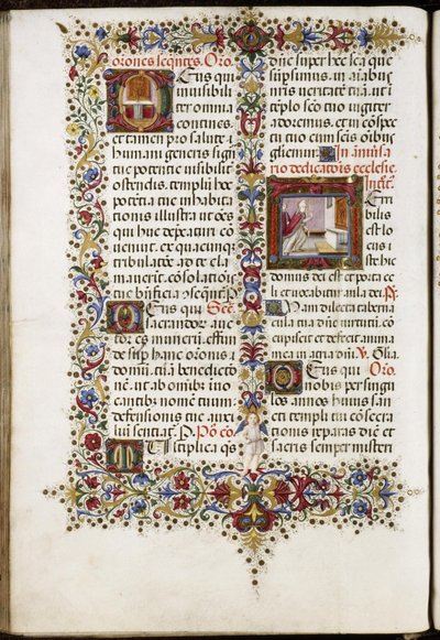 Missal av Thomas James: sida med två initialer: ett altare och invigningen av en kyrka. av Attavante degli Attavanti