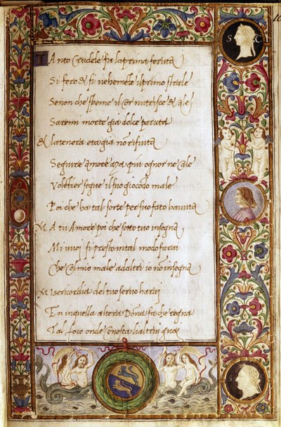 Sida ur manuskriptet till "Il Canzoniere" av Francesco Petrarca (1304-1374). Miniatyr av Attavante degli Attavanti (1452-1525), Nationalbiblioteket, Florens av Attavante di Gabriello di Vanti di Bartolo