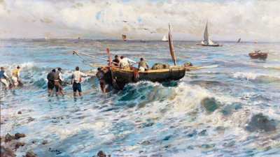 Havslandskap med fiskare av Attilio Pratella