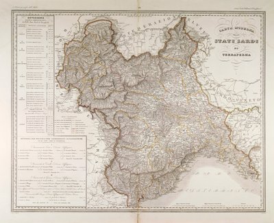 sardiska stater på fastlandet. Karta av Attilio Zuccagni-Orlandini, hämtad från Geographic Atlas of Italian States, Florens, gravyr på koppar av Attilio Zuccagni Orlandini