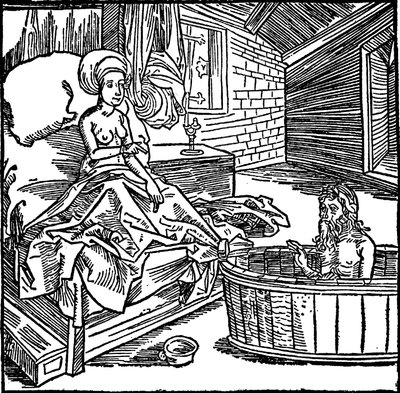 Kvinnan och den badande eremiten. av attributed to Albrecht Dürer