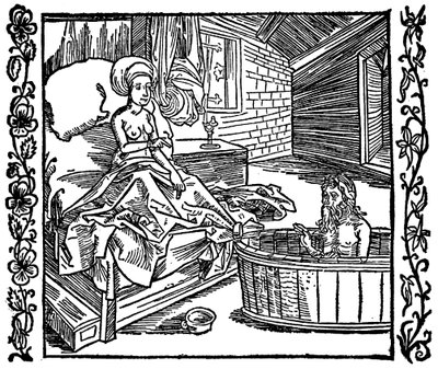 Kvinnan och den badande eremiten. av attributed to Albrecht Dürer
