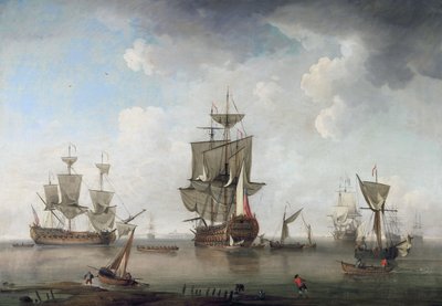 Krigsmän i hamn av attributed to Charles Brooking