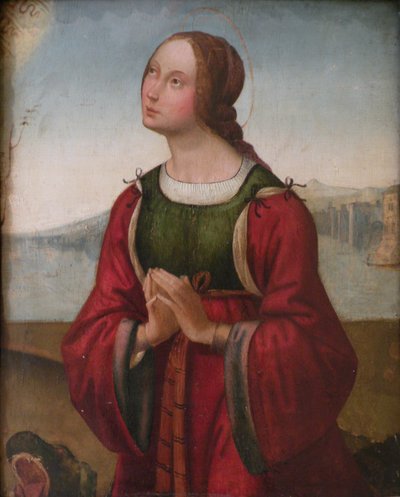 Franska: Sainte Marguerite en prière Sankt Margareta ber av attributed to Lorenzo Costa