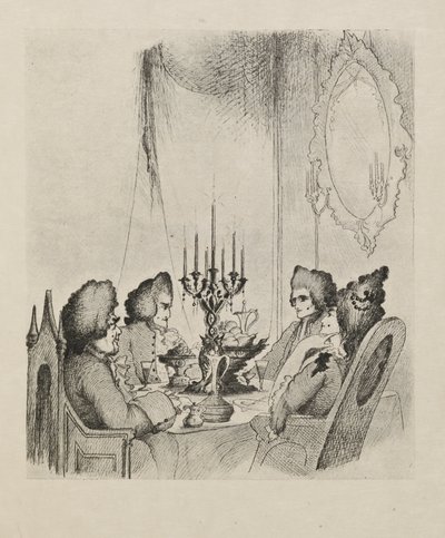 En scen från "Madame Lescaut" från en bok med femtio teckningar av Aubrey Beardsley