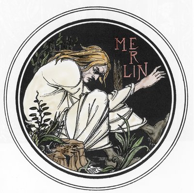 Arthurisk legend: "Merlin the Enchanter"" Gravyr i "The Morte of Arthur" av Sir Thomas Malory, utgåva illustrerad av Aubrey Beardsley (1872-1898) 1893-1894 (Arthurisk legend: merlin the wizard, illustration av Aubrey Beardssley i 