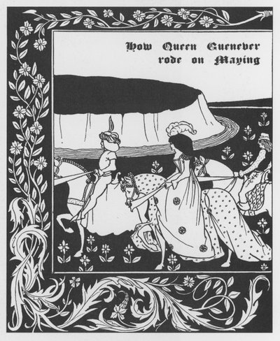 Arthurian Legend: "" Queen Guenievre Queen of May"" Gravyr i "" The Morte of Arthur"" av Sir Thomas Malory, utgåva illustrerad av Aubrey Beardsley (1872-1898) 1893-1894 (Arthurisk legend: drottning Guenever (Guinevere) maying , illustration av Aubrey Beard av Aubrey Beardsley
