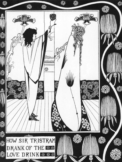 Arthurian Legend: "" Tristan drinking the love philtre""" Gravyr i "" Berättelsen om Tristan och hans äventyr, som inkluderar hans kärlekshistoria med Isolde"""" från Sir Thomas Malory, utgåva illustrerad av Aubrey Beardsley (1872-1898) ) 1893-1894 (Arthur av Aubrey Beardsley