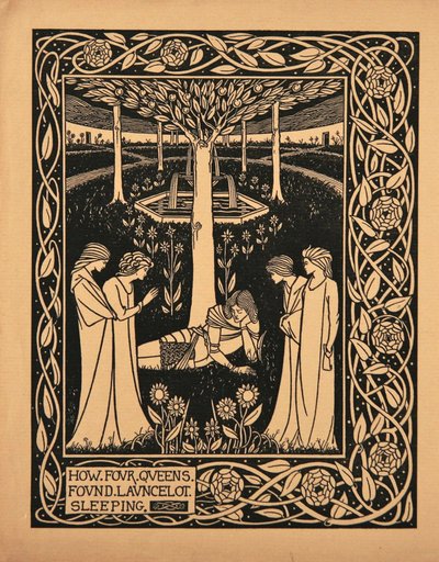 Hur fyra drottningar hittade Lancelot sovande. Illustration till boken Le Morte dArthur av Sir Thomas av Aubrey Beardsley