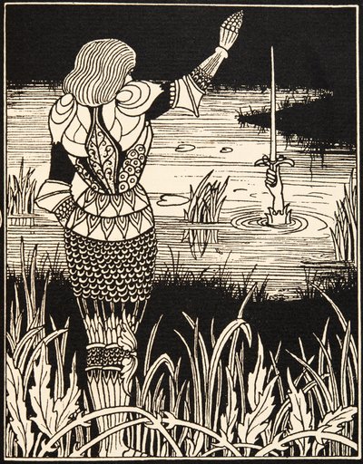Hur Sir Bedivere kastade svärdet Excalibur i vattnet av Aubrey Beardsley