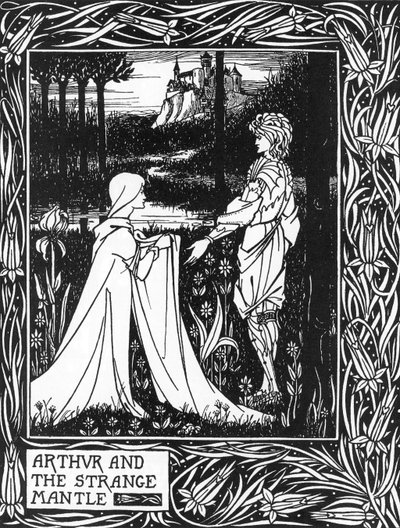 Kung Arthur tar emot besök av en ung flicka skickad av avgiften Morgane (Kung Arthur och den märkliga manteln skickad av Morgan the fay) Illustration av Aubrey Beardsley (1872-1898) från Thomas Malorys "The Death of Arthur" av Aubrey Beardsley