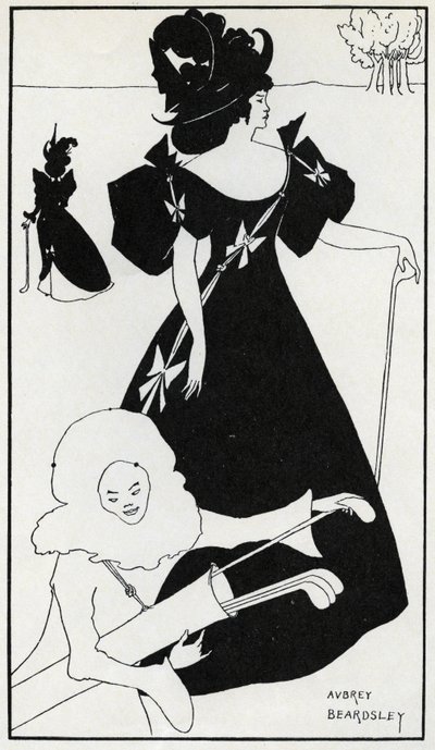 "Pierrot som Caddie"-design för ett golfklubbkort av Aubrey Beardsley
