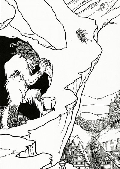 Landslip, frontispice till "Pastor Sang" av Björnon, 1899 av Aubrey Beardsley