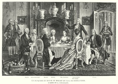 En bankett till Mozarts ära i Schikaneders hus (litho) av August (after) Borckmann