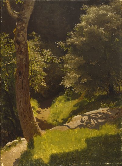 Parklandskap med trädgårdsgång (olja på duk) av August Cappelen