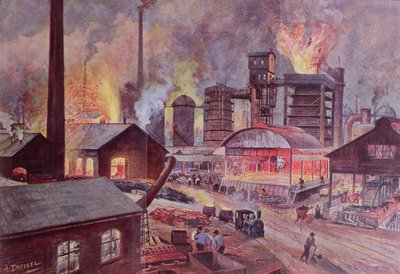 Fabrik med masugn, från en serie böcker om LUnivers et lHumanite av H. Kraemer, publicerad i Paris i slutet av 1800-talet (färgstick) av August Dressel