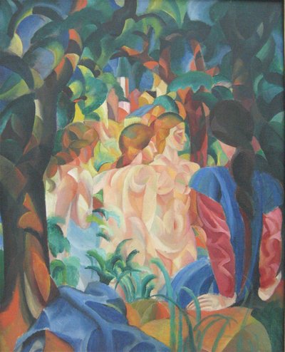 Badande flickor med staden i bakgrunden av August Macke