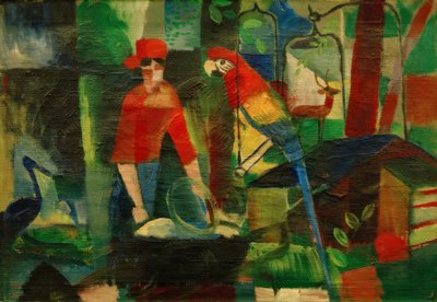 Kvinna med en papegoja i ett landskap av August Macke