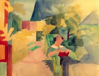 Trädgård med en kvinna som läser (vid sjön Thun) av August Macke