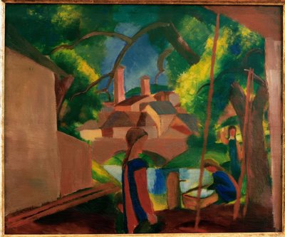 Barn vid fontänen med staden i bakgrunden av August Macke