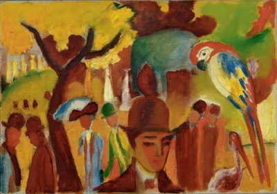 Liten zoologisk trädgård i brunt och gult av August Macke