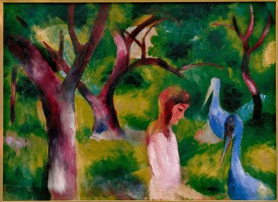 Flicka med blåa fåglar av August Macke