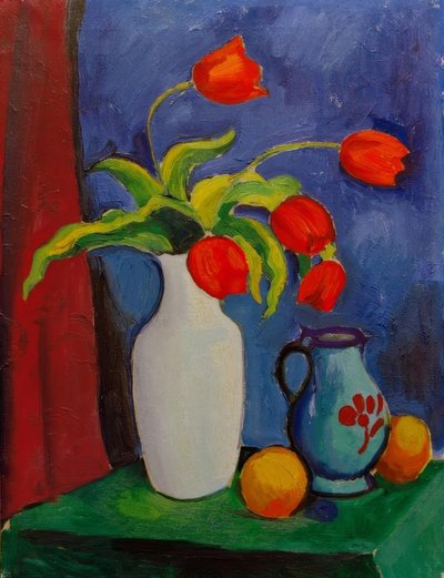 Röda tulpaner i en vit vas av August Macke