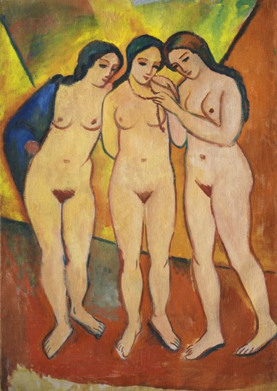 Tre nakenbilder, orange och röda, 1912 av August Macke