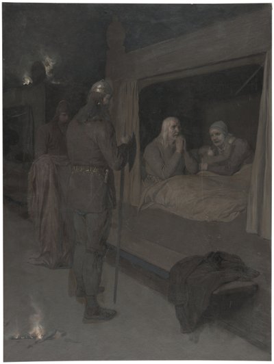 Njal, Bergthora och Thord Karisson beslutar att låta sig brännas levande. Illustration till Njals saga, kap. 129 av August Malmström